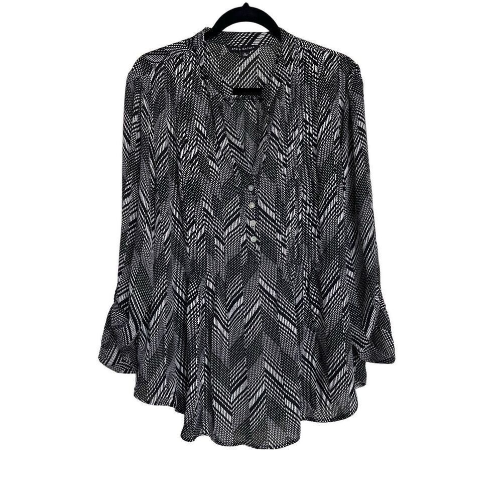 Zac & Rachel Tunic Blouse Top Women's XL Black & White Herringbone Tribal Henley